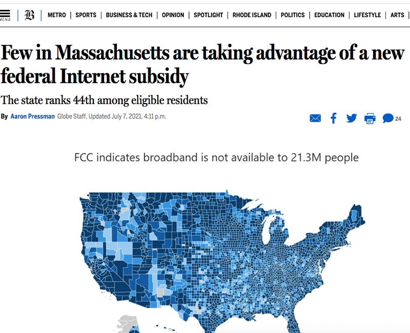 Image of Boston Globe article about broadband internet access. 
